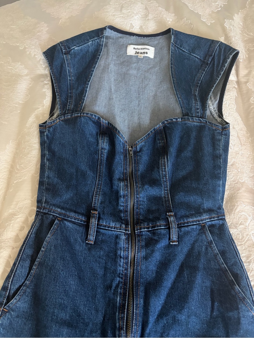 Reformation Dark Blue Denim Zip-Front Jumpsuit